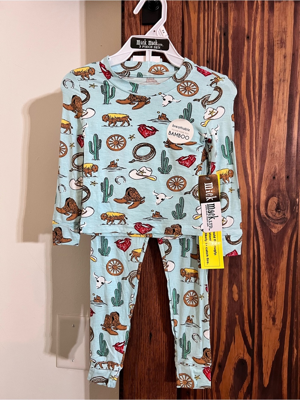 Breathable Bamboo Kids Pajama Set - Light Aqua Western Print